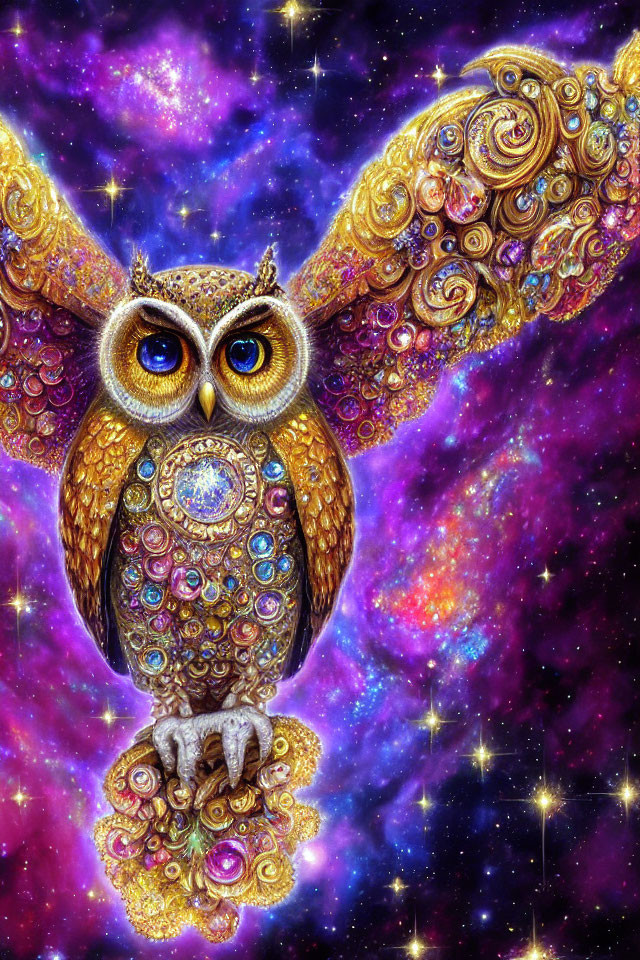 Colorful Stylized Owl with Golden and Gemstone Details on Cosmic Background