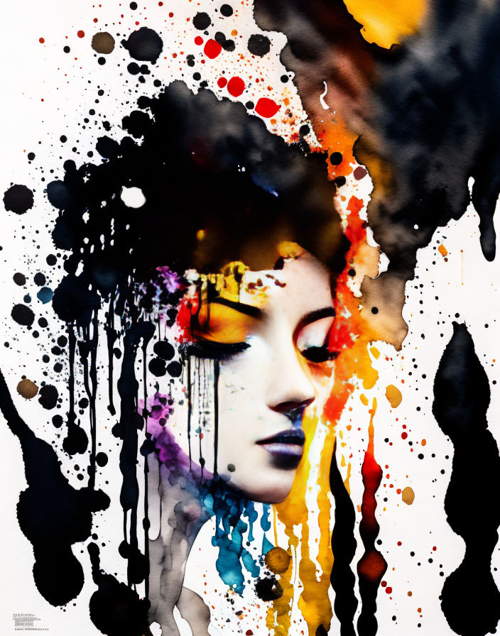 Colorful Abstract Watercolor Portrait of Woman