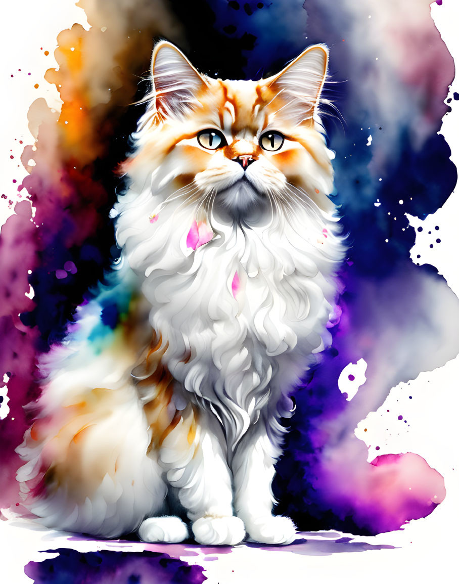 Colorful Fluffy Cat Artwork on Watercolor Background