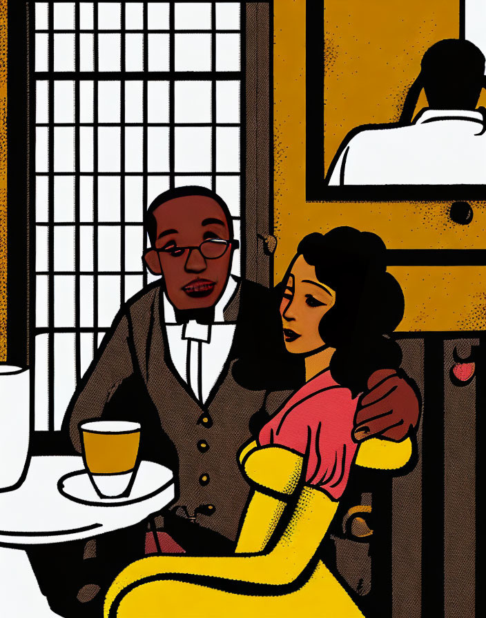 Illustration of man and woman at table with retro comic book style