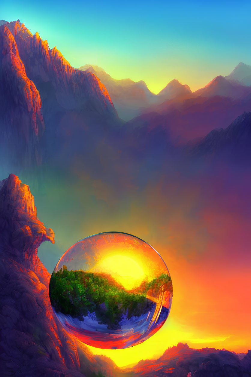 Digital artwork: Mountain landscape at sunset with floating reflective bubble.