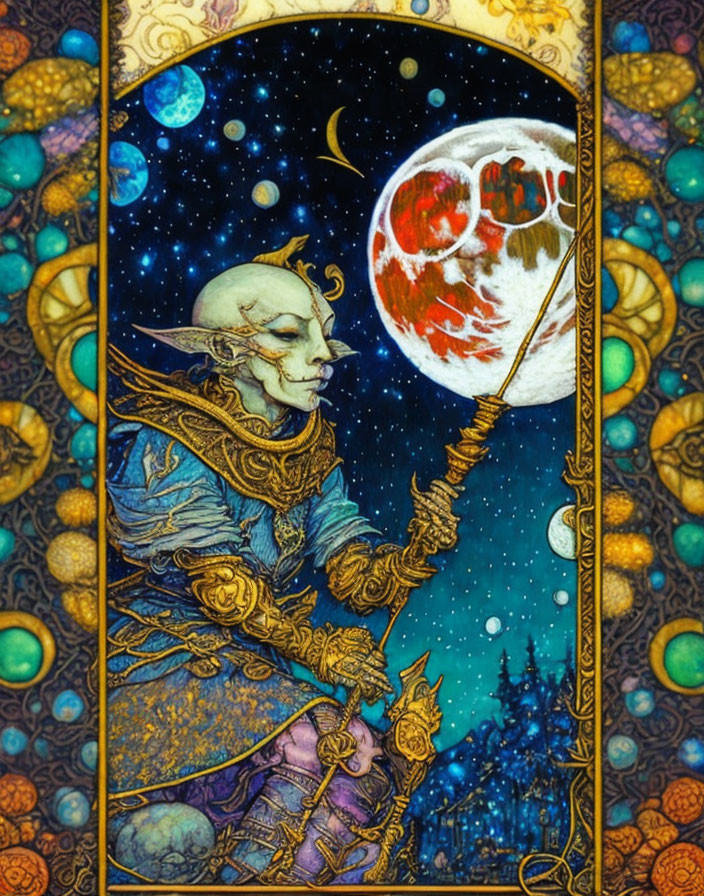 Fantasy elf creature with staff in moonlit scene