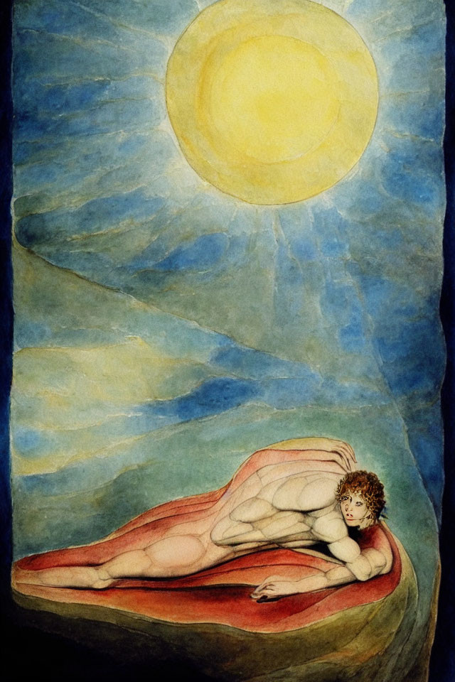 Stylized painting of nude figure under radiant sun and red cloth