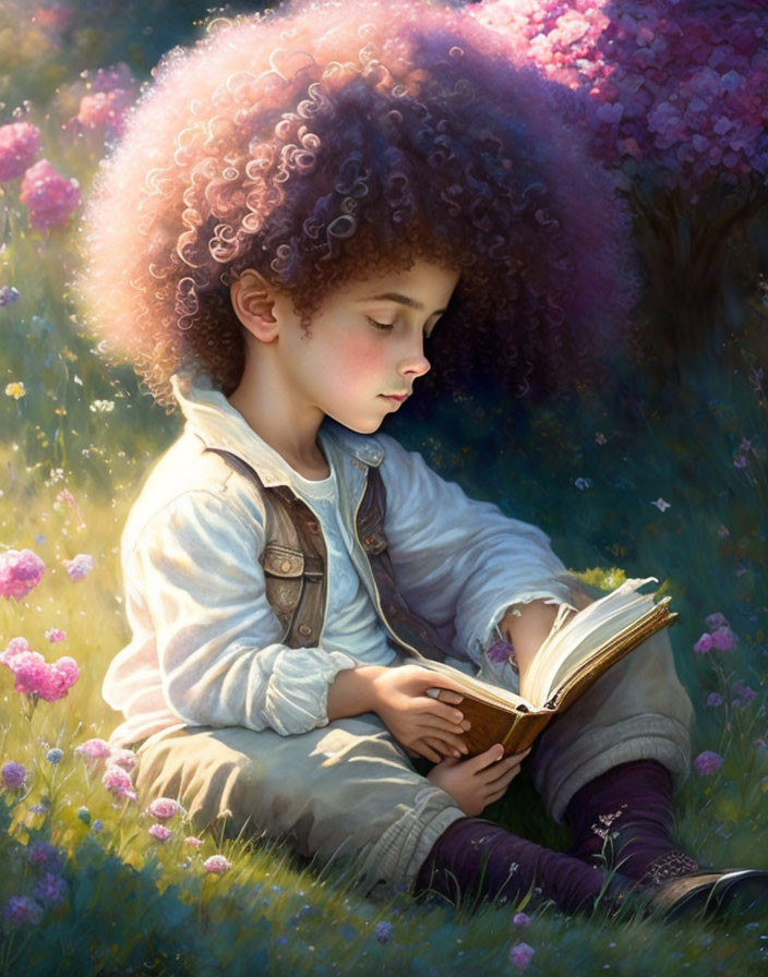 Child with Curly Hair Reading Book in Meadow with Pink Flowers