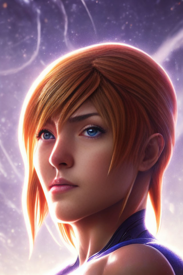 Digital art portrait: Female character with orange hair, blue eyes, cosmic background