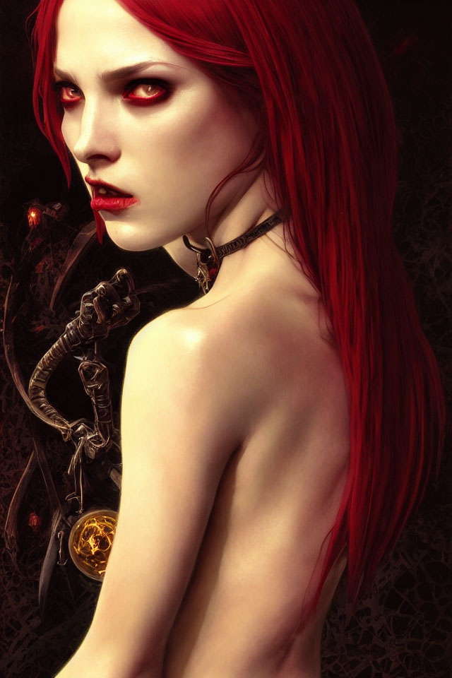 Digital artwork: Woman with red hair, pale skin, and vampiric features in choker,