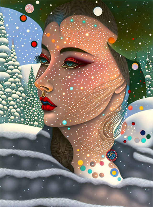 Portrait of woman with dotted skin, red lips, snowy landscape & evergreen trees