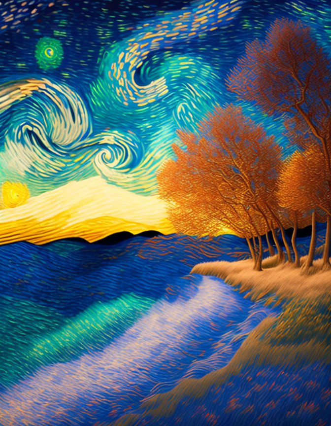 Stylized image with swirling blue skies, golden stars, orange trees, and undulating river