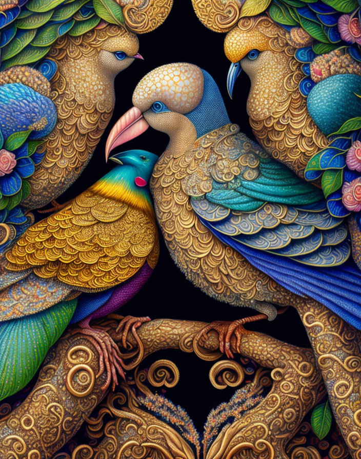 Intricately patterned colorful birds on vibrant black background