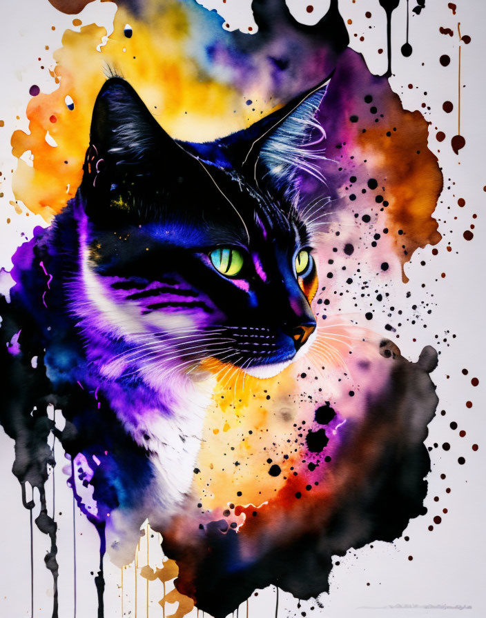 Colorful cat close-up with purple, yellow, and orange watercolor splashes