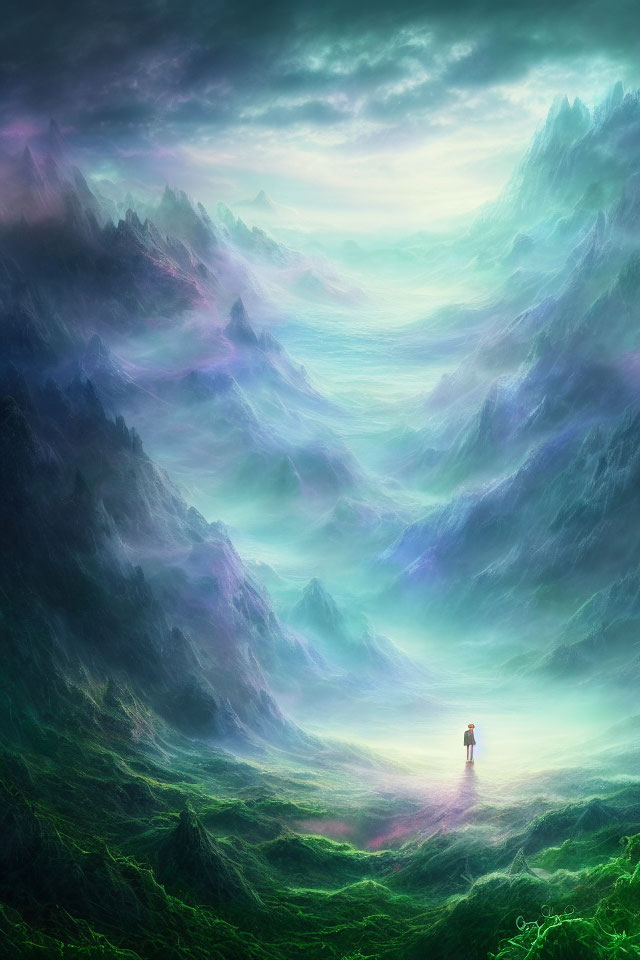 Solitary Figure in Surreal Landscape with Misty Mountains and Ethereal Colors