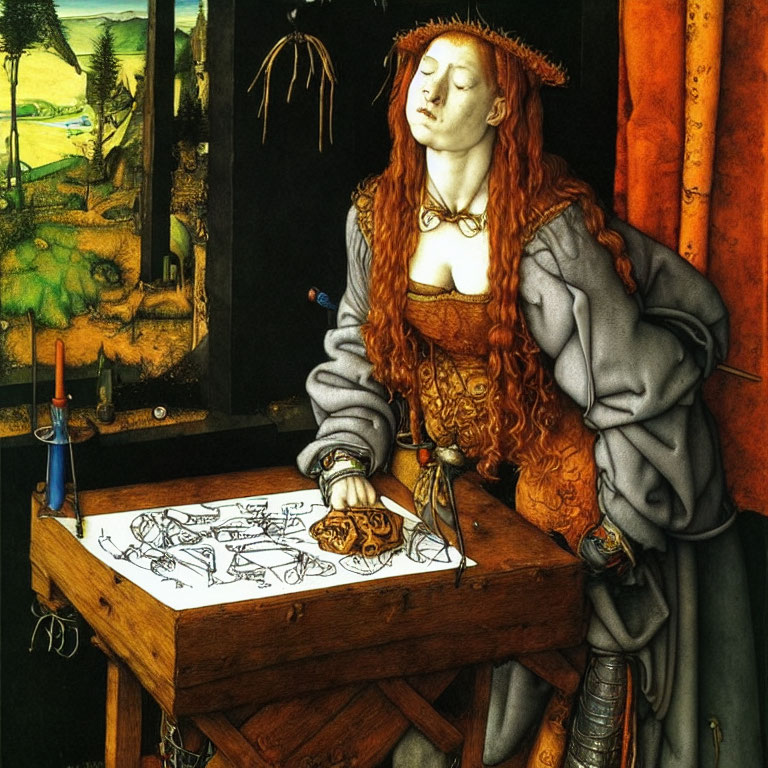 Red-haired woman drawing at wooden desk with landscape painting in background