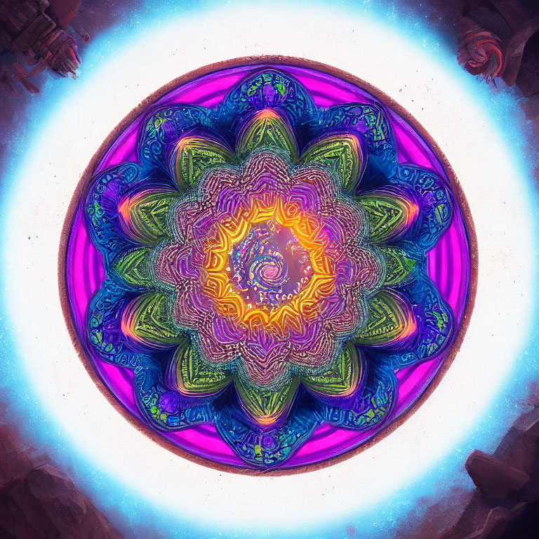 Colorful Purple, Blue, and Gold Mandala on Stone-Like Background