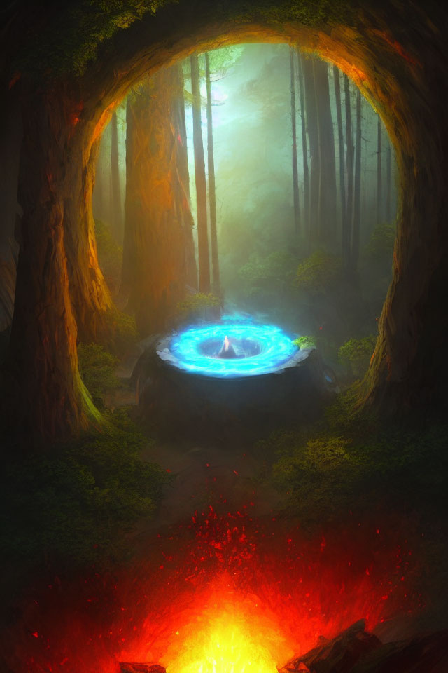 Mystical forest scene with glowing blue portal and towering trees