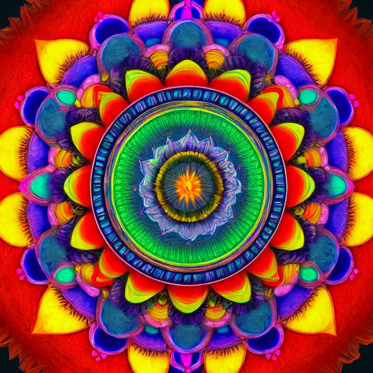 Colorful Symmetrical Digital Mandala in Blue, Yellow, and Red