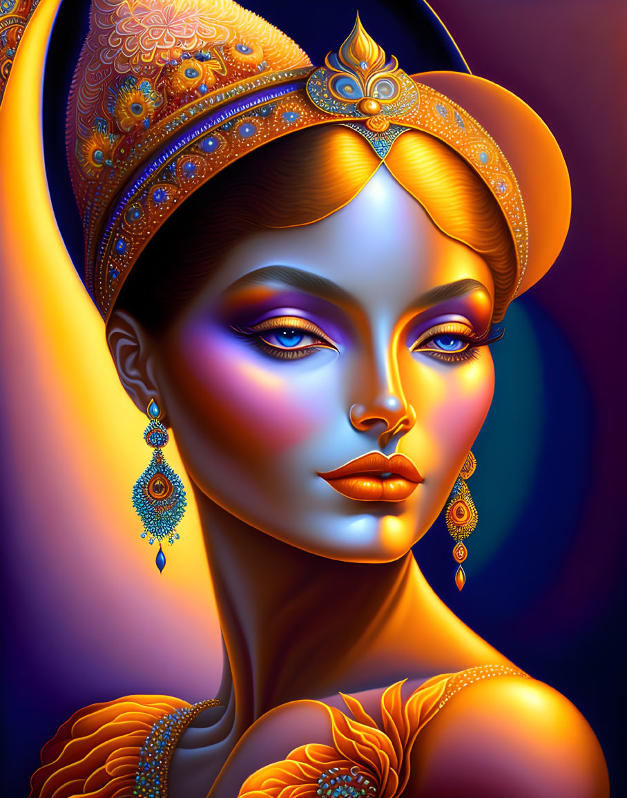 Colorful illustration of woman with blue eyes in orange & blue turban & jewelry