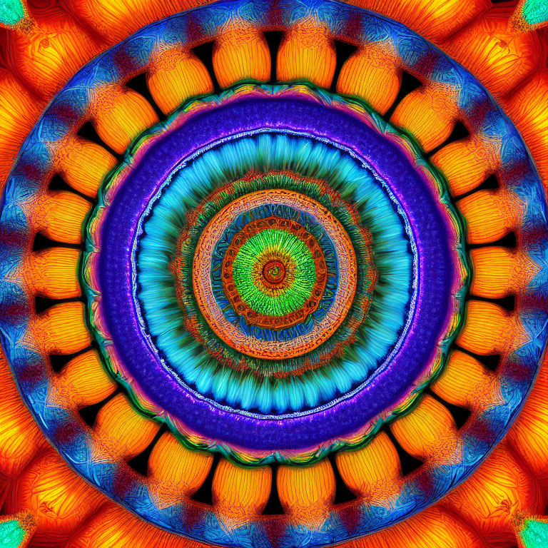 Circular turquoise and orange fractal pattern with intricate kaleidoscopic design