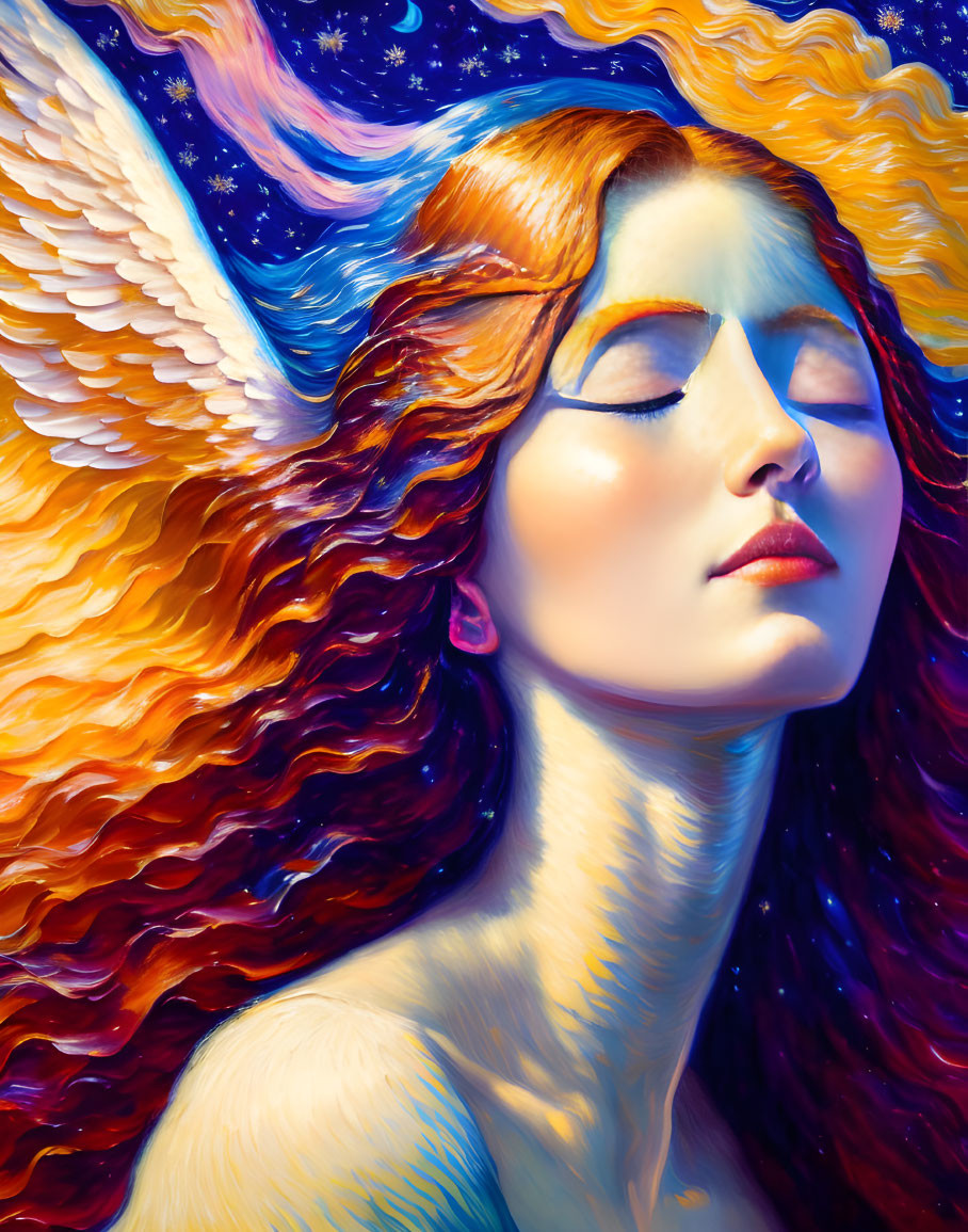 Woman with Red Hair and Celestial Wings in Vibrant Cosmic Setting