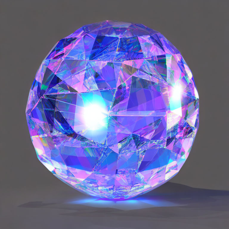 Multifaceted Gemstone with Blue and Purple Hues on Grey Background