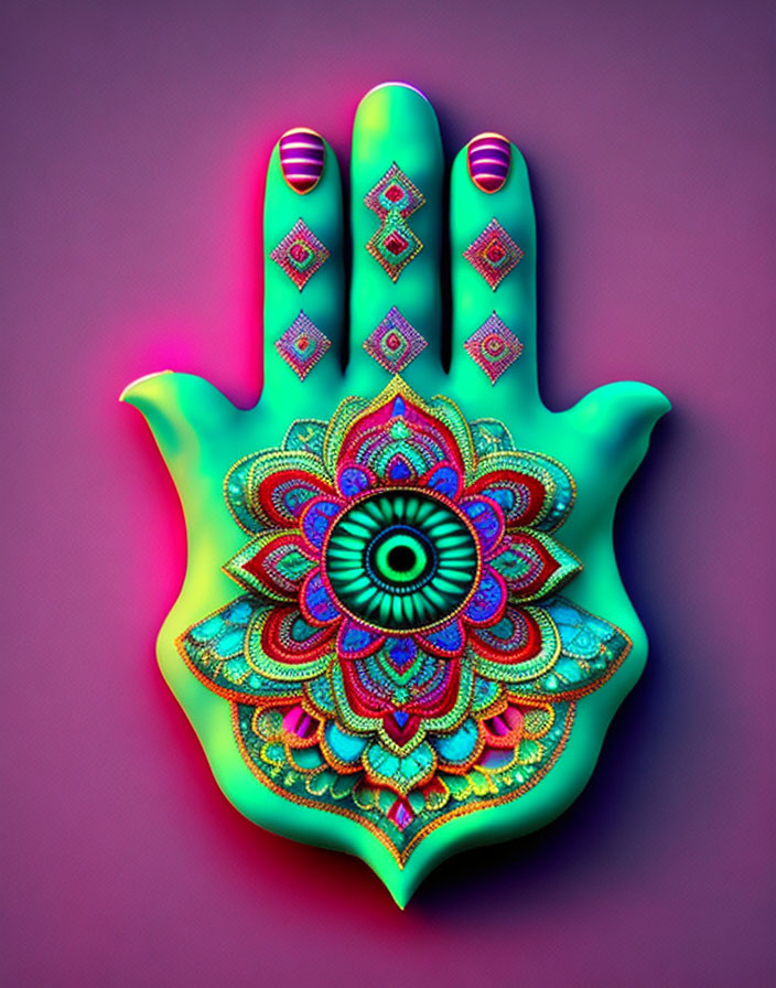 Neon Hamsa Hand Graphic with Mandala Design on Purple Gradient Background