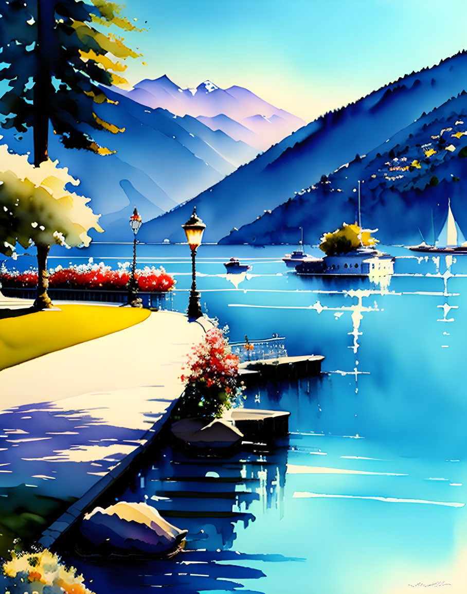 Scenic lakeside painting with boats, promenade, flowers, and mountains