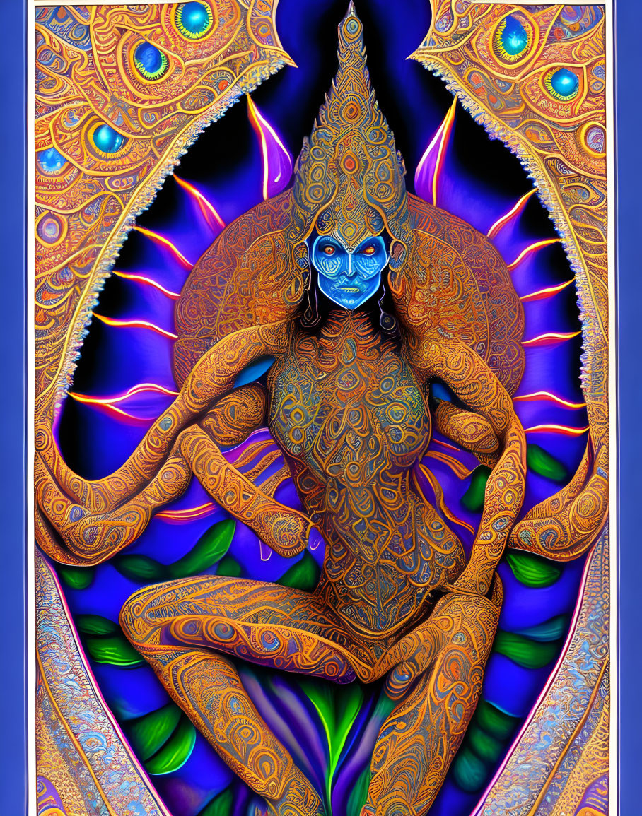 Colorful digital artwork of a blue-skinned multi-armed figure in a mandala border