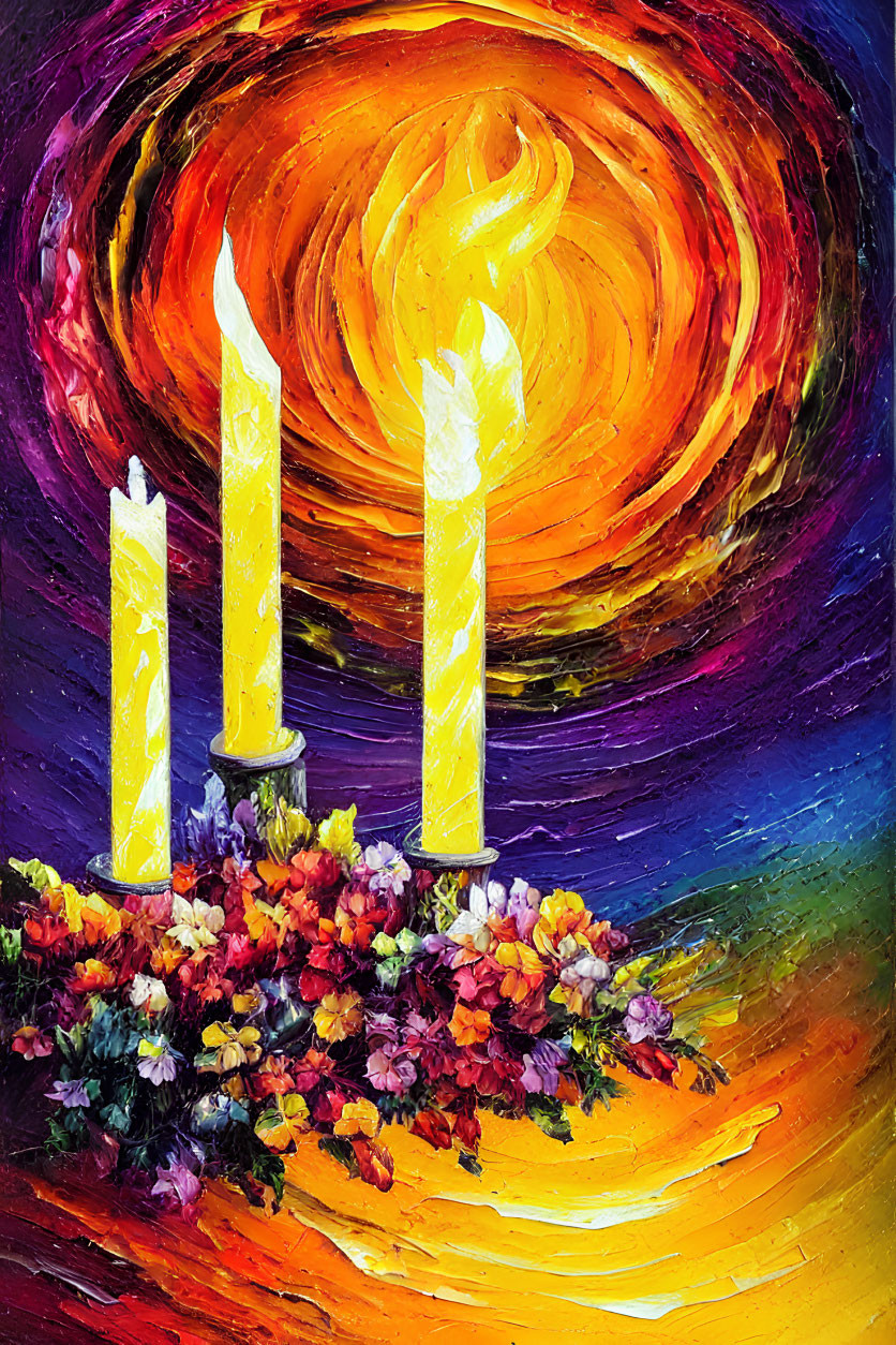 Vibrant flowers and candles against colorful backdrop