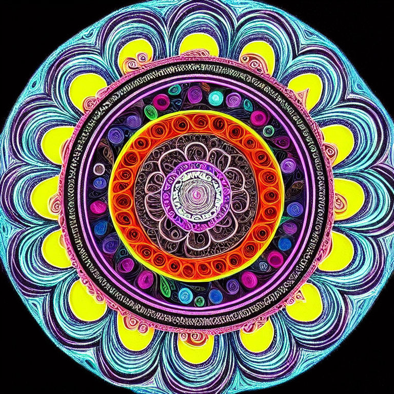 Colorful Neon Mandala Design on Black Background