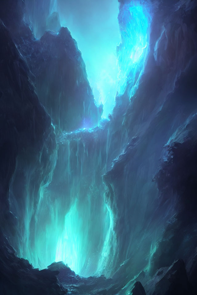 Ethereal Blue Glow in Mystical Icy Cavern