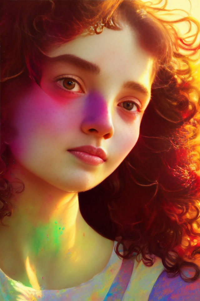 Curly-haired young woman with decorative headpiece under colorful lighting