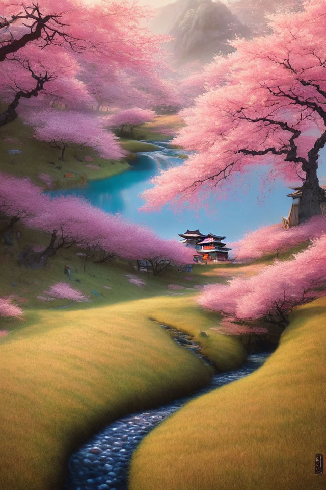 Cherry Blossoms Over Stream and Pagoda in Grassy Hills