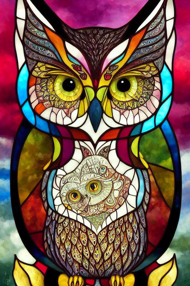 Vivid Owl Illustration in Stained Glass Style