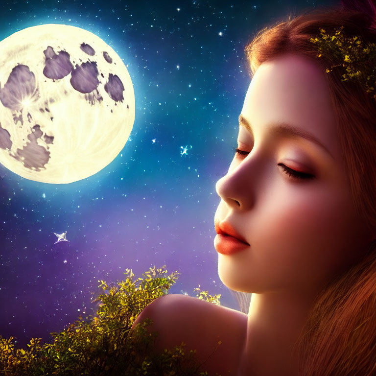 Digital artwork: Woman with closed eyes, leaf crown, night sky, full moon, stars.