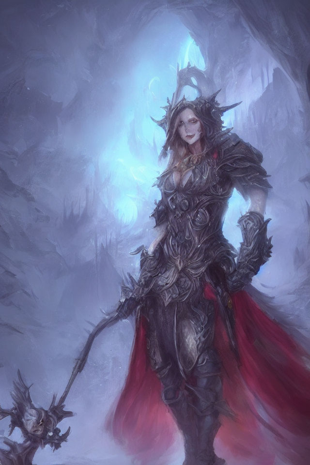 Female warrior in dark armor with red cape and staff in mystical setting