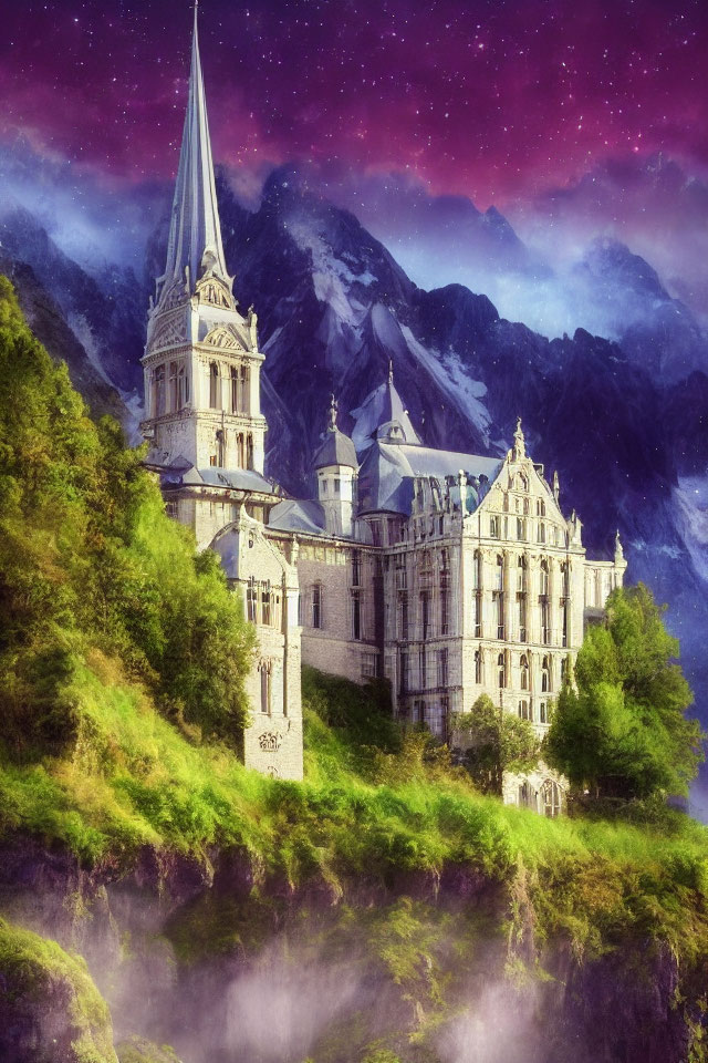 Majestic castle on green hillside under starry sky