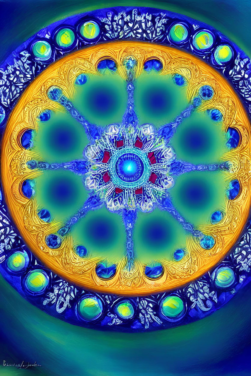 Colorful Digital Artwork: Luminescent Mandala in Blue, Red, and Gold