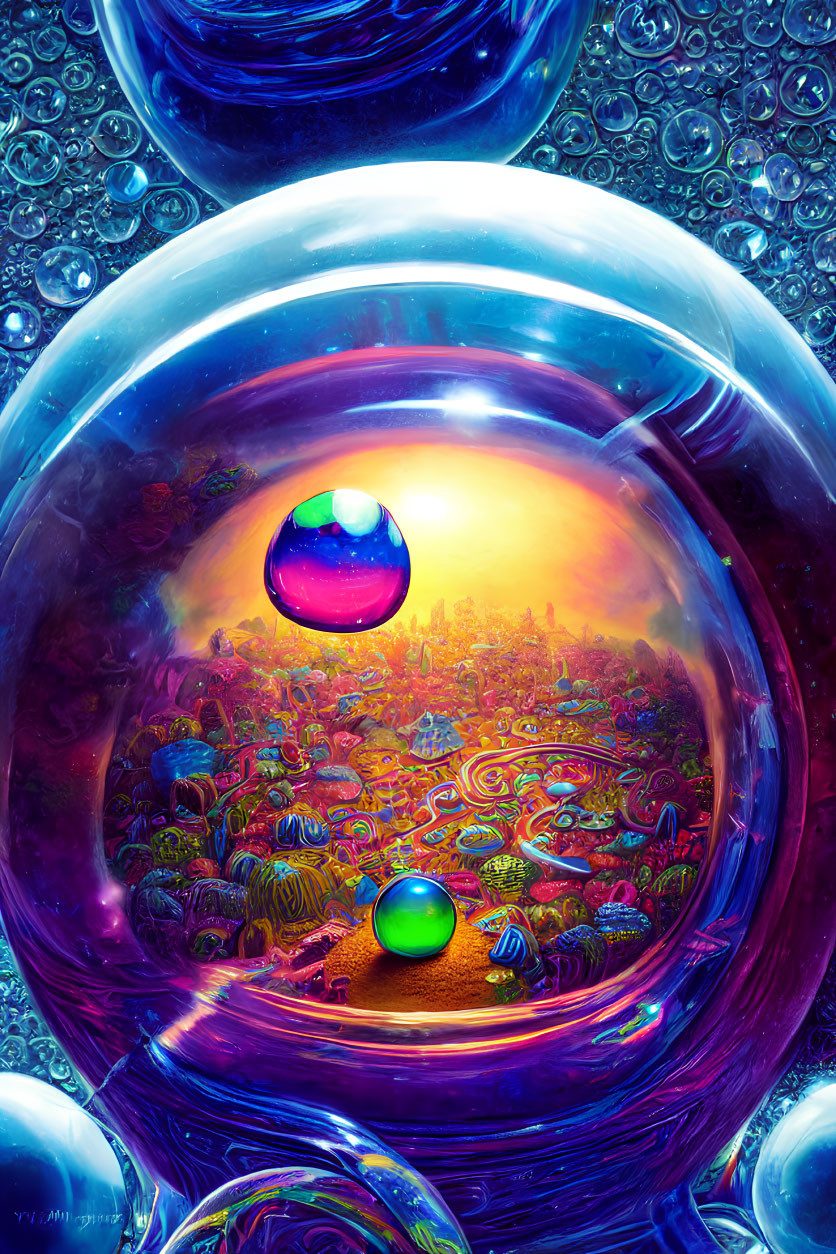 Colorful surreal digital artwork of futuristic landscape in reflective bubbles