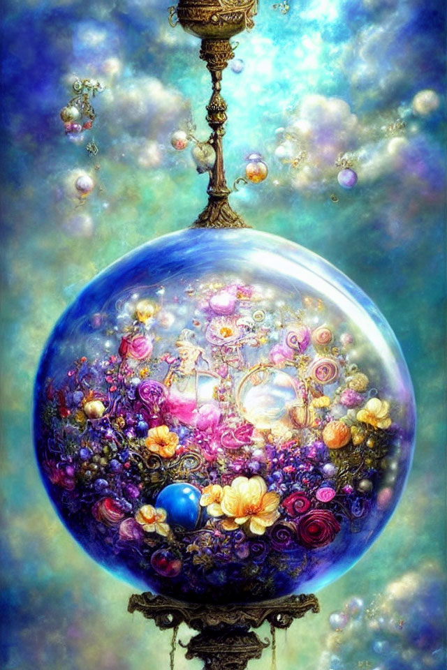 Colorful Chandelier Painting with Fantasy Globe and Glowing Elements