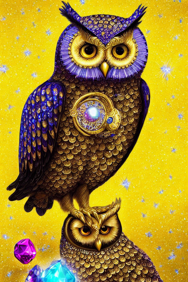 Colorful digital artwork featuring two stylized owls with intricate patterns and gemstone embellishments on a