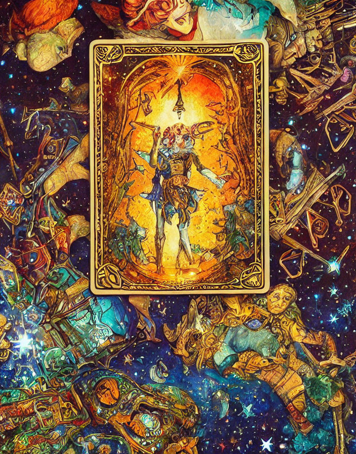 Detailed fantasy artwork with ornate card and cosmic characters.