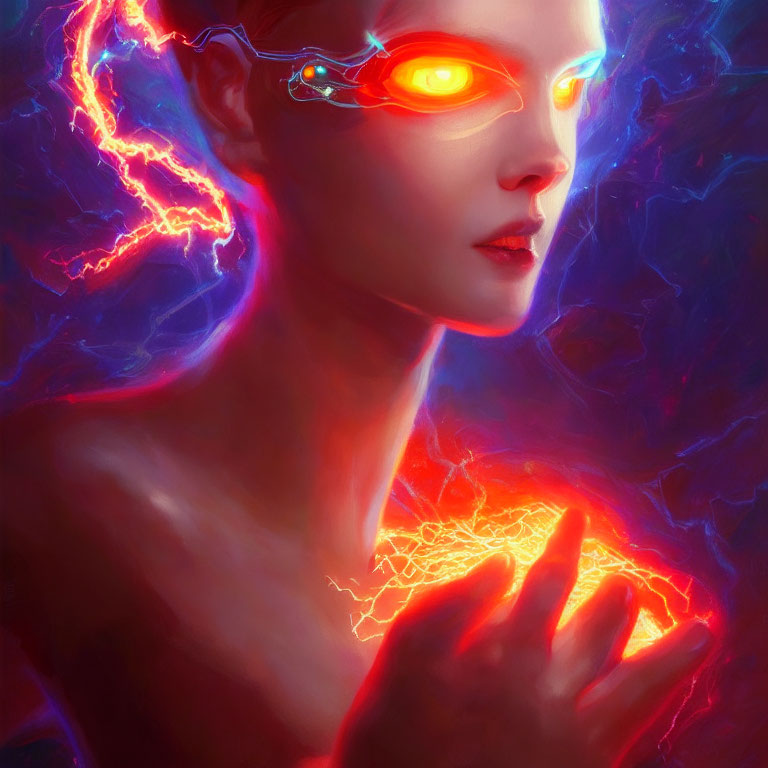 Surreal portrait of person with glowing red eyes and electric energy