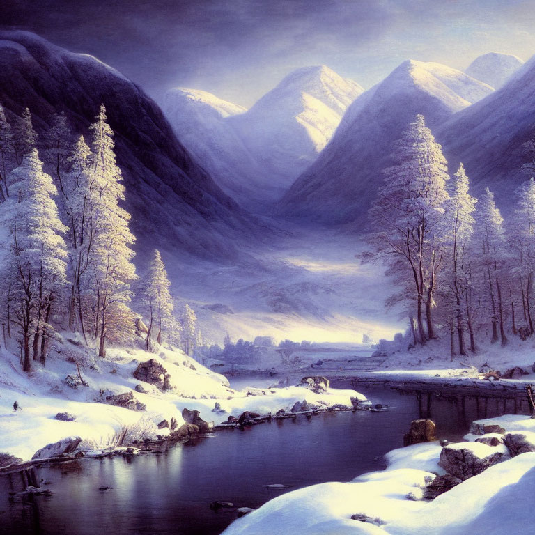 Snow-covered forest beside still river in serene winter landscape