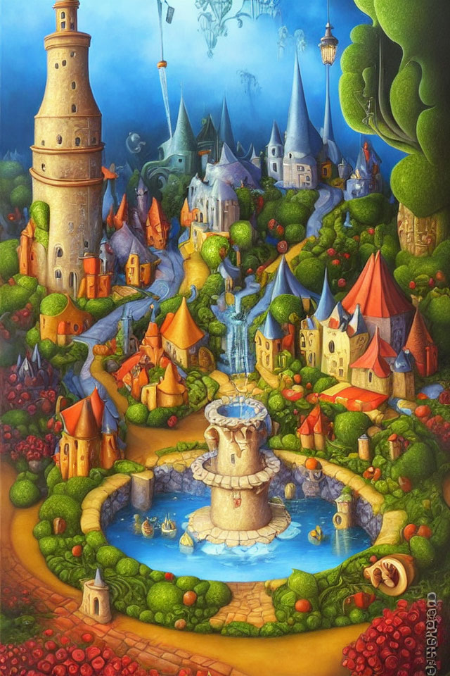 Colorful Fairytale Village Illustration with Castles, Tower, Fountain, and Waterfalls