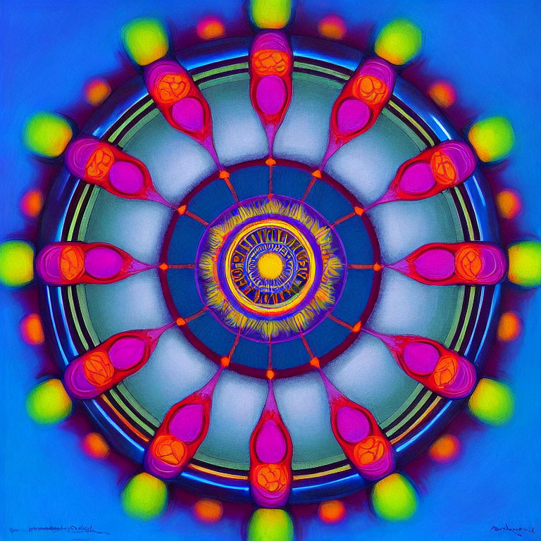 Colorful Psychedelic Mandala on Blue Background with Symmetrical Patterns