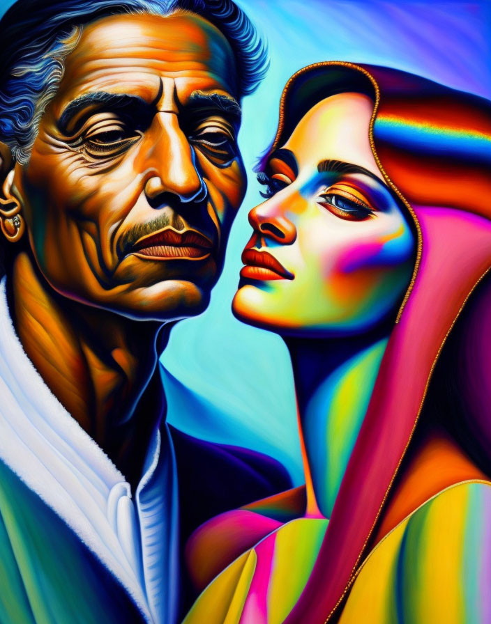 Colorful painting of elderly man & young woman with vibrant, rainbow-like faces showing age contrast.