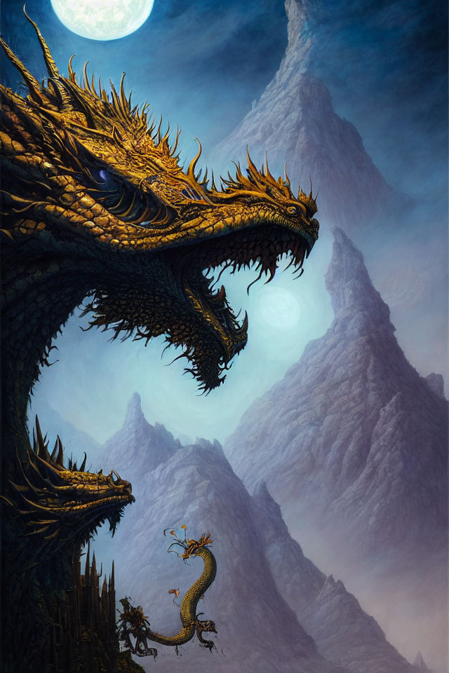 Two dragons under moonlit sky with mountains