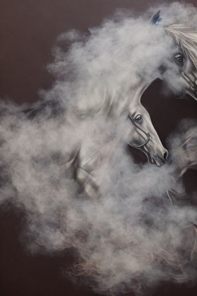 Two white horses emerging from smoke or mist with detailed faces and manes on dark background