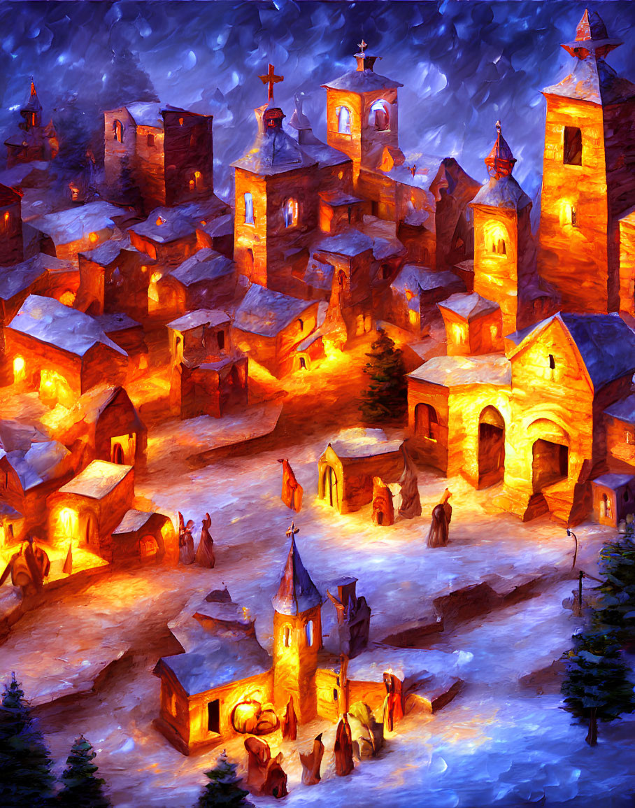 Snowy Village Night Painting with Glowing Windows and Starry Sky