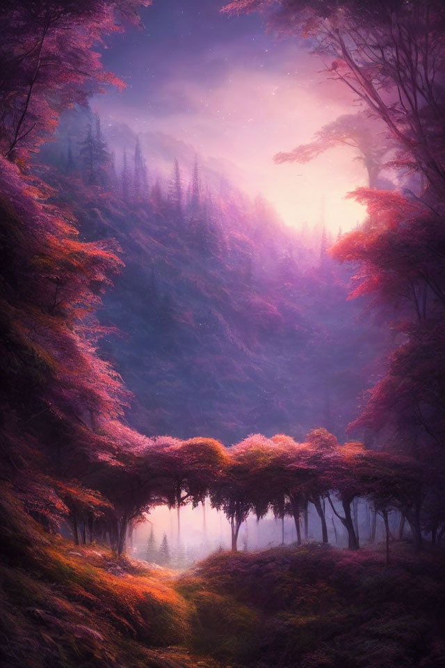 Mystical forest with pink and purple foliage under starry sky