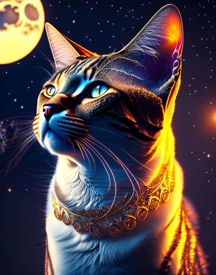 Majestic cat with blue eyes in golden jewelry under night sky